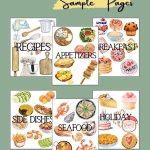 Könnte beinhalten: Sechs Aquarell-Illustrationen von Rezeptteilern mit verschiedenen Lebensmittelkategorien. Die Kategorien sind: Rezepte, Vorspeisen, Frühstück, Beilagen, Meeresfrüchte und Feiertage.