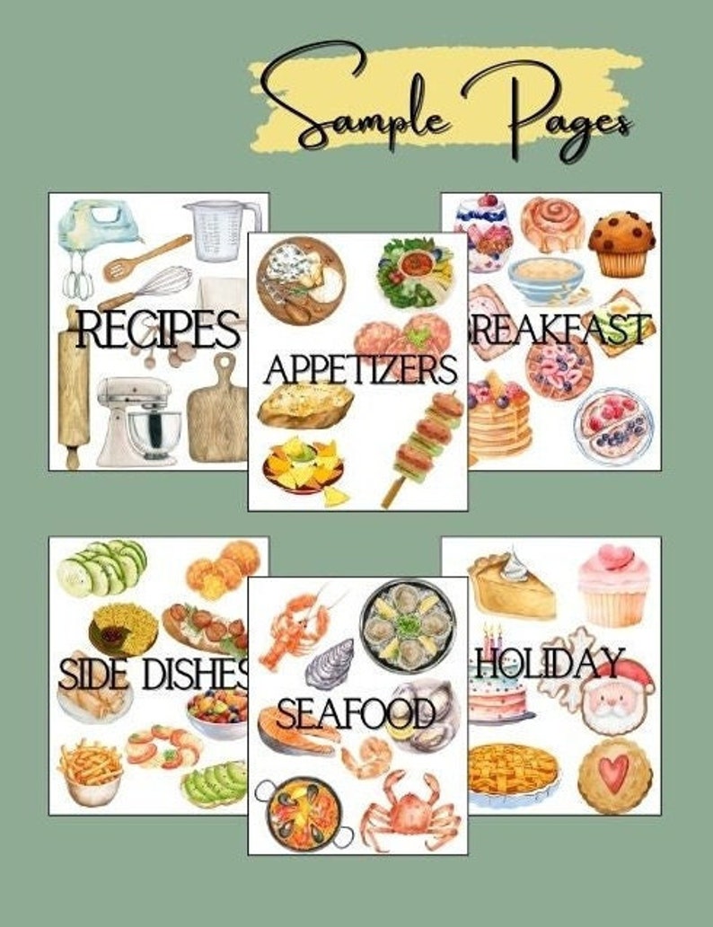 May include: Six watercolor illustrations of recipe dividers with different food categories. The categories are: Recipes, Appetizers, Breakfast, Side Dishes, Seafood, and Holiday.