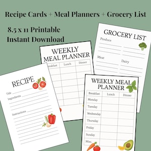 Watercolor Recipe Card, 2 Weekly Meal Planners & Grocery List Printable | 8.5x11 Kitchen Organization, Meal Prep Binder Pages