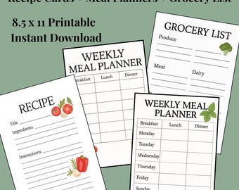 Watercolor Recipe Card, 2 Weekly Meal Planners & Grocery List Printable | 8.5x11 Kitchen Organization, Meal Prep Binder Pages