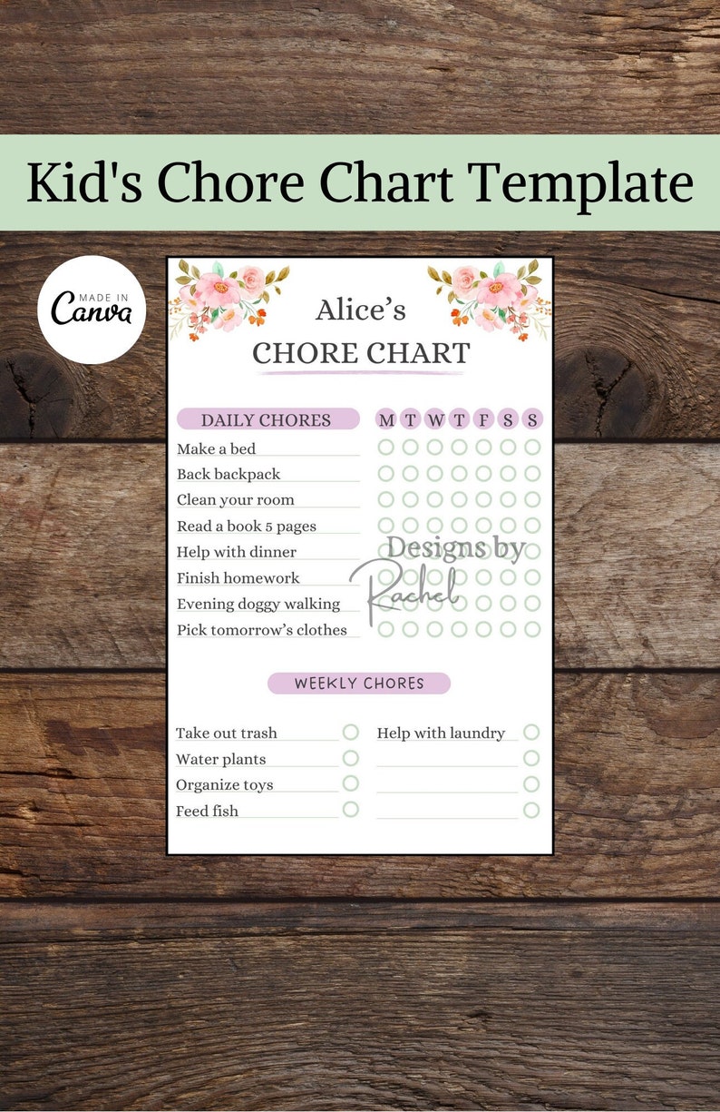 Kid s chore chart template canva chore calendar printable daily and