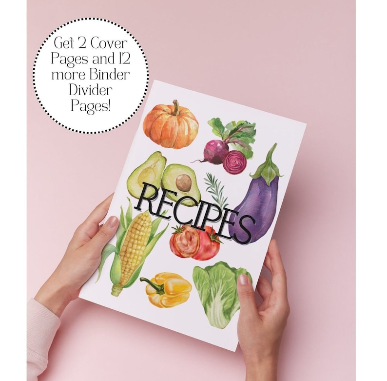 May include: A white recipe binder with a watercolor illustration of various vegetables, including an eggplant, avocado, corn, bell pepper, tomato, beet, and pumpkin. The text "RECIPES" is printed in black on the front cover.