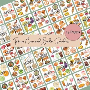 May include: A set of 14 printable recipe cover and binder divider pages featuring watercolor illustrations of various food categories, including breakfast, seafood, holiday, appetizers, side dishes, camping favorites, drinks, meat, soup, salad, desserts, and recipes. The text "14 Pages" is visible in a pink circle.