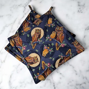 May include: Two blue quilted pot holders with a pattern of owls and moons. The owls are brown and yellow with intricate details. The background is a dark blue with a subtle sparkle.
