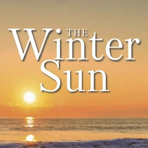 Può includere: Una copertina di libro con il titolo "The Winter Sun" in testo bianco su uno sfondo di tramonto con vista sul mare.