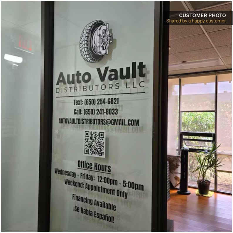 Personalized business window decal with custom company name vinyl lettering for storefront glass