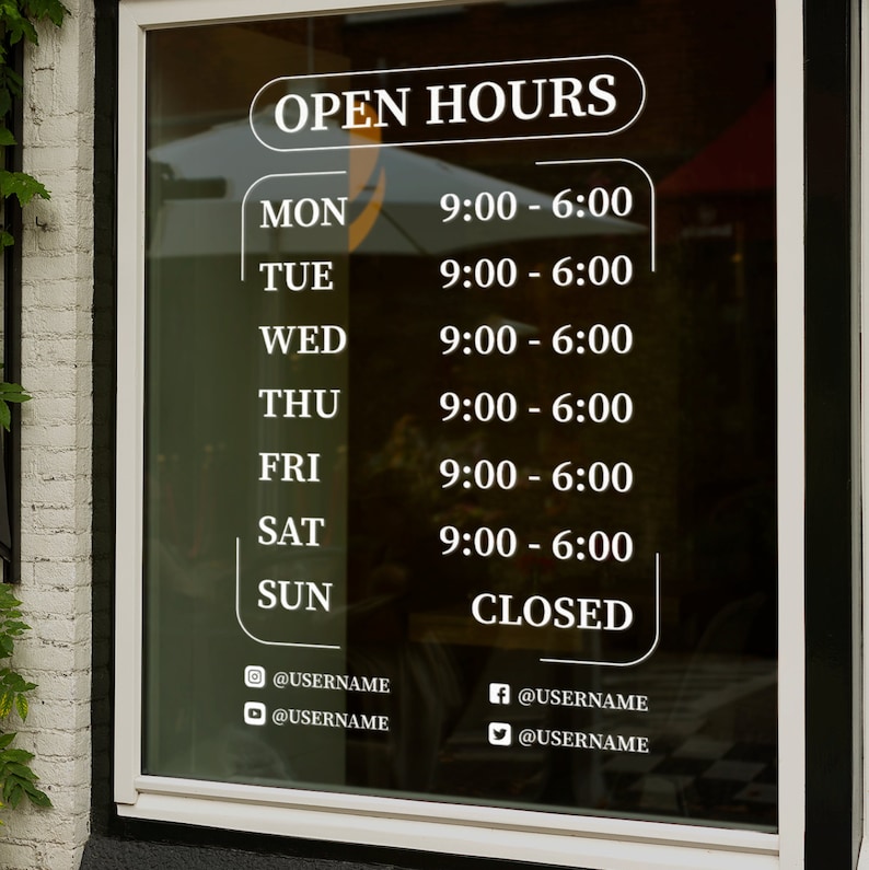 Store Hours Decal - Hours of Operation Sticker - Business Hours Decal ...