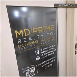 Custom business window decal with personalized vinyl lettering for storefront window and office door