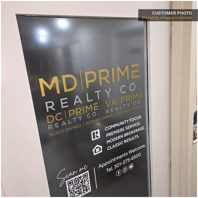 Custom business window decal with personalized vinyl lettering for storefront window and office door