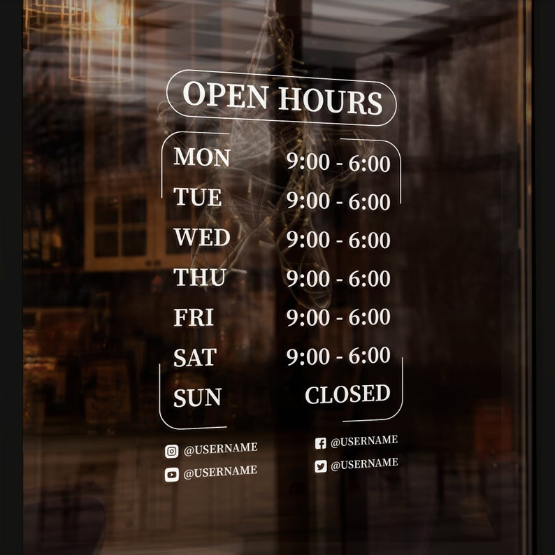 Shop Operating Hours Store Hours Decal - Hours of Operation Sticker - Business Hours Decal ...