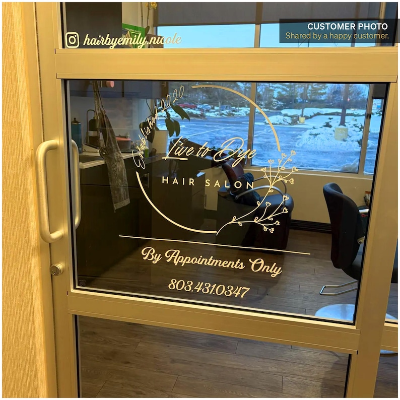 Custom vinyl door decal with business name, window lettering, and professional storefront signage