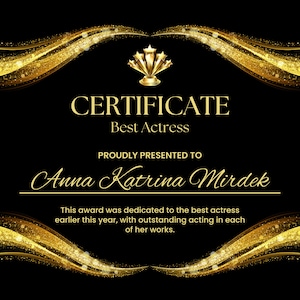 Elegant Best Actress Certificate Black and Gold Modern Award