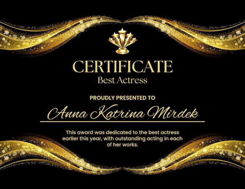 Elegant Best Actress Certificate Black and Gold Modern Award