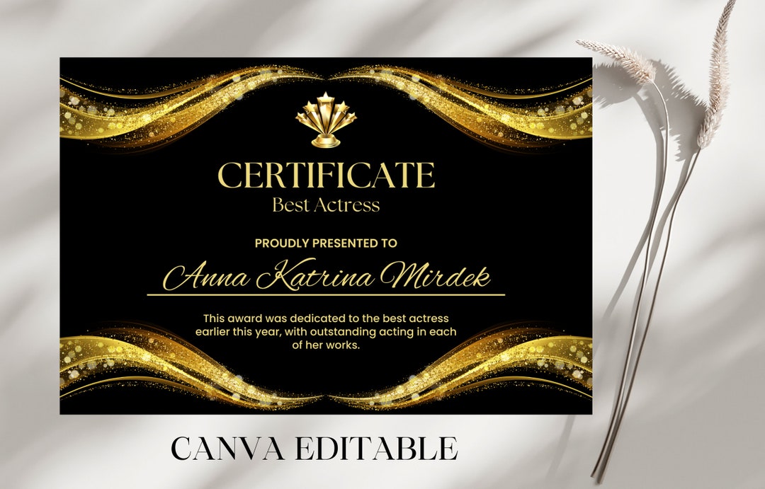 Elegant Best Actress Certificate Black and Gold Modern Award