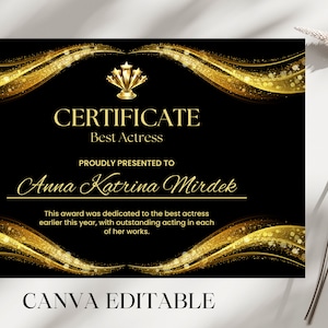 Elegant Best Actress Certificate Black and Gold Modern Award