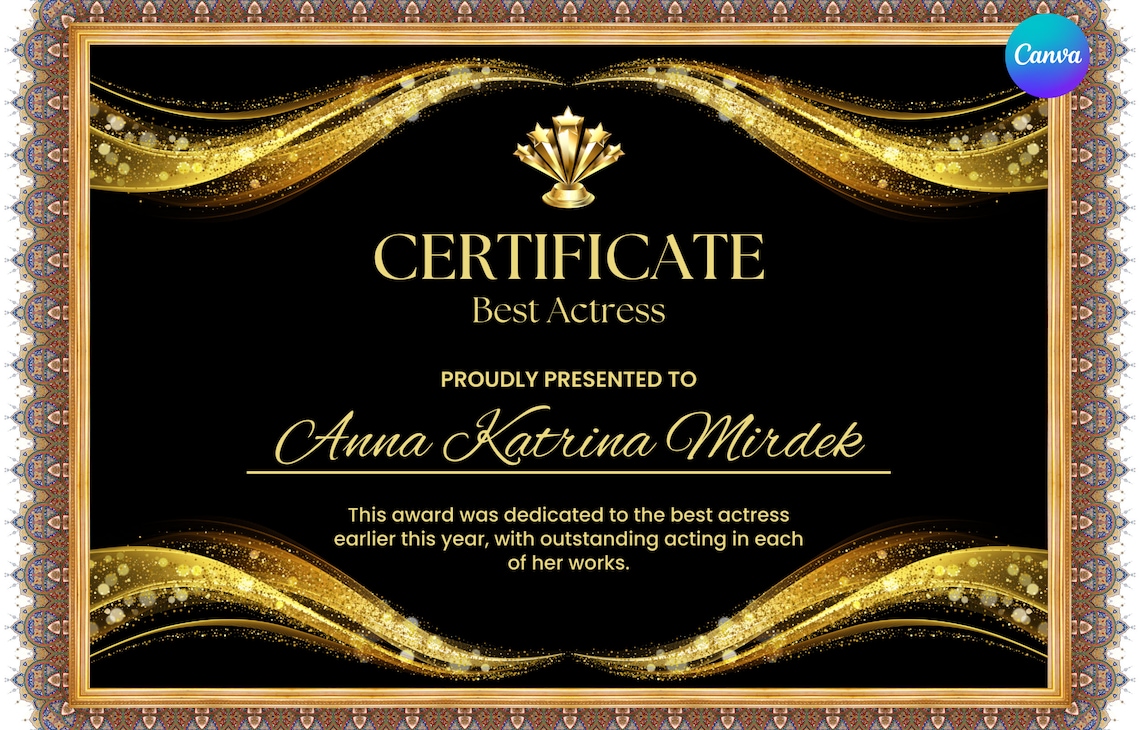 Elegant Best Actress Certificate Black and Gold Modern Award