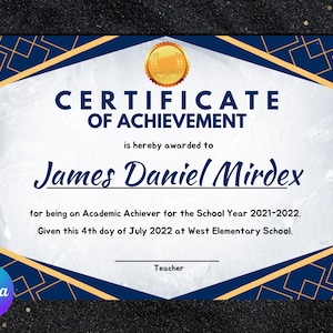 Elegant Blue Gold Certificate of Achievement Template, Modern Appreciation Award, Editable Downloadable Certificate