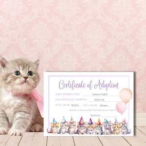 Cat Adoption Certificate| Cat birthday decorations| Girl birthday| Instant DOWNLOAD