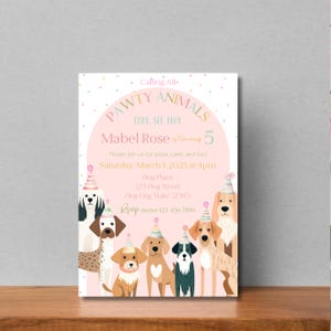 May include: Pink and white birthday invitation with a paw print design. The invitation says "Calling All Pawty Animals Come, Sit, Play Mabel Rose is turning 5. Please join us for pizza, cake, and fun! Saturday, March 1, 2025 at 4pm. Any Place 123 Any Street Any City, State 12345 RSVP Aimee 123-456-7890".