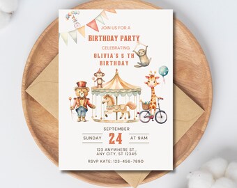 Watercolor Circus Birthday Invitation | Editable Carnival Animals (Digital Download)