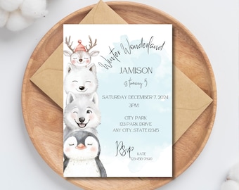 Cute Arctic Animal Birthday Invitation| Winter Wonderland Party| Penguin Invite| Winter Animal Birthday| Instant Download