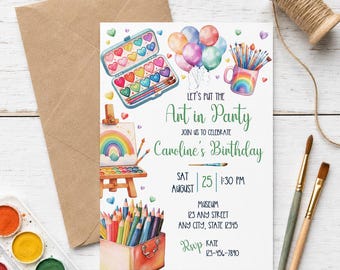 Può includere: Un invito di compleanno rettangolare bianco con illustrazioni ad acquerello di una tavolozza a forma di cuore, palloncini colorati, un arcobaleno su un cavalletto e una tazza piena di pennelli e matite colorate. Il testo recita: Let's put the Art in Party, join us to celebrate Caroline's Birthday, Sat August 25, 1:30 PM, Museum, 123 Any Street, Any City, State 12345, RSVP Kate 123-456-7890.