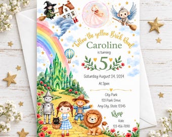 May include: A birthday invitation card featuring watercolor illustrations of a girl, a tin man, a scarecrow, and a lion on a yellow brick road. The text reads Follow the yellow Brick Road, Caroline is turning 5, Saturday August 24, 2024, At 3pm, City Park, 123 Park Drive, Any City, State 12345, RSVP Kate 123-456-7890.