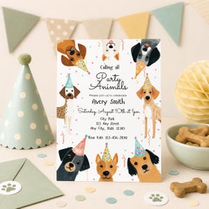 Editable dog birthday invitation, puppy pawty Canva template with colorful party dogs and printable party details.