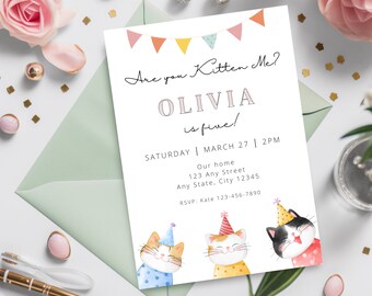 Cat Invitation Template/ Are you Kitten me invite| editable birthday invitation