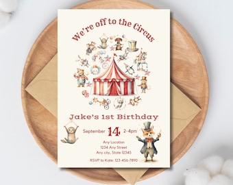 Invitación de cumpleaños de circo en acuarela / Plantilla editable para Canva (Descarga digital)