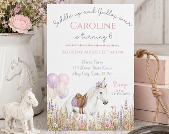 Horse Girls Birthday Party Invitation, Editable Equestrian Invite with Charming Floral Details