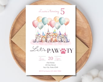 May include: A birthday party invitation with a paw print and the text "Let's Pawty". The invitation features a watercolor illustration of kittens wearing party hats and holding balloons. The text "Laura's turning 5" is at the top of the invitation. The invitation also includes the date, time, and address of the party.