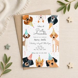 Editable dog birthday invitation template with party-hat puppies, colorful confetti, and playful pawty design.