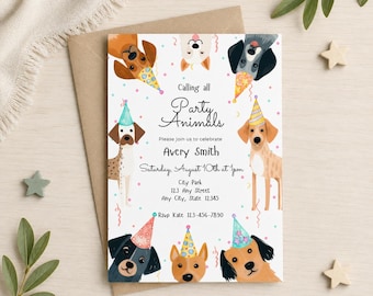 Invitación para fiesta de cumpleaños canina, plantilla editable de Canva para fiestas de mascotas, celebración con cachorros adorables, descarga digital instantánea, invitación imprimible.
