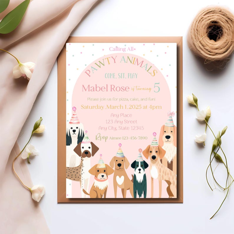 May include: Pink and gold birthday party invitation with a paw print design and the text "Pawty Animals Come, Sit, Play Mabel Rose is turning 5 Please join us for pizza, cake, and fun! Saturday, March 1, 2025 at 4pm Any Place 123 Any Street Any City, State 12345 RSVP Aimee 123-456-7890"