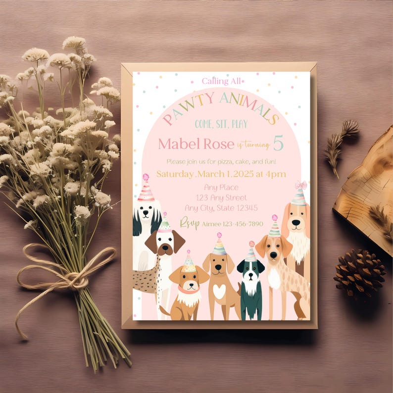 May include: A pink and white birthday party invitation with a paw print design and the text "Pawty Animals" and "Mabel Rose is turning 5". The invitation features a group of dogs wearing party hats and the text "Come, Sit, Play".