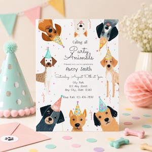 Editable dog birthday invite, puppy pawty invitation template with cute party-hat dogs