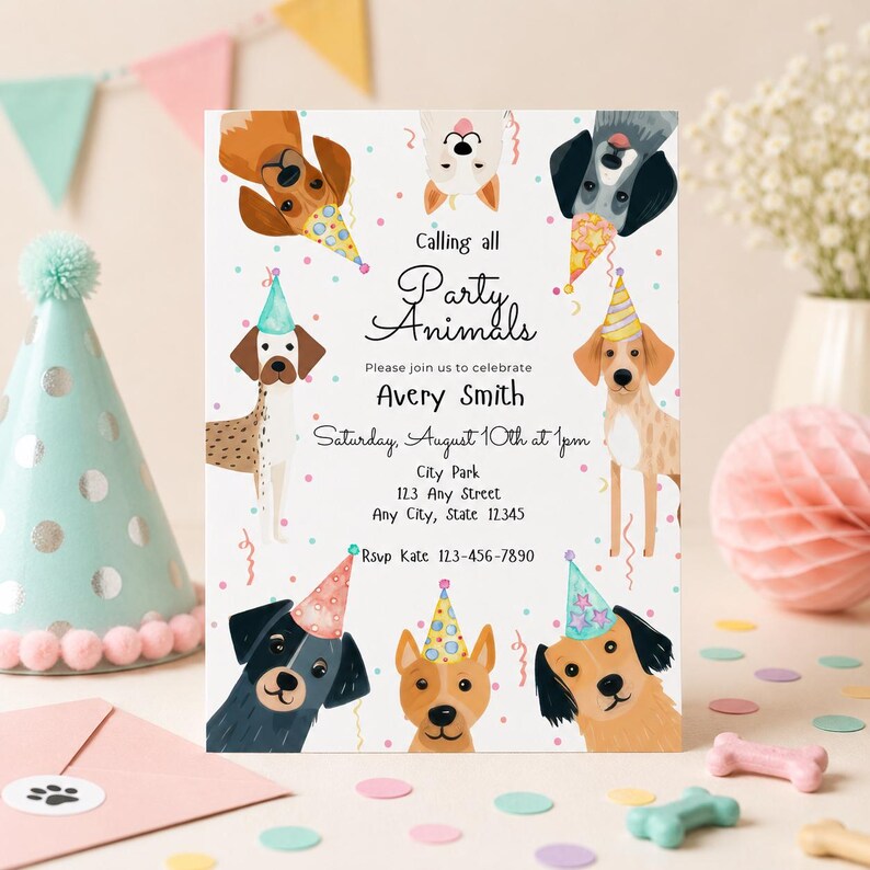 Editable dog birthday invite, puppy pawty invitation template with cute party-hat dogs