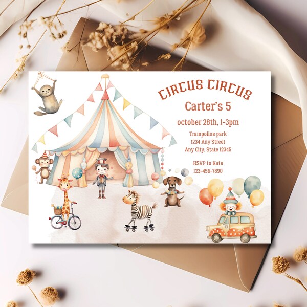 Faire-part Carnaval de cirque| Faire-part d'anniversaire cirque| Téléchargement modifiable