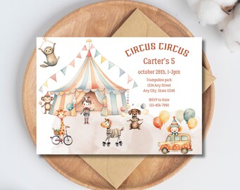 Circus Birthday Invitation Watercolor | Whimsical Editable Invite for Carnival Party