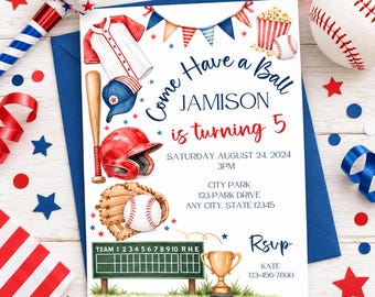 Puede incluir: Una tarjeta de invitación de cumpleaños con temática de béisbol con ilustraciones en acuarela de una camiseta, gorra, casco, bate, guante, pelota, trofeo y marcador. El texto dice: Come Have a Ball JAMISON is turning 5, Saturday August 24, 2024, 3PM, City Park, 123 Park Drive, Any City, State 12345, RSVP Kate 123-456-7890.