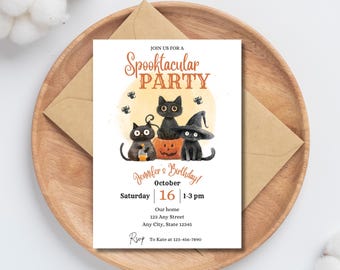 May include: A Halloween party invitation with a watercolor illustration of three black cats and a jack-o-lantern. The text reads "Join us for a Spooktacular Party" and "Jennifer's Birthday! October 16 1-3 pm".