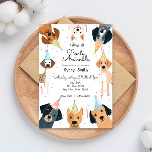 Editable dog birthday invite, puppy pawty invitation, printable Canva template with colorful illustrated dogs