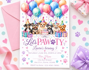 May include: A birthday invitation card featuring six puppies wearing colorful party hats, a birthday cake, and balloons. The text reads: Let's PAWTY, Laura's turning 5, Saturday June 20, 2024 at 2PM, Our Home, 123 Any Street, Any City, State 12345, RSVP to Kate: 123-456-7890.