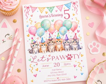 Cute Cat Birthday Invitation, Printable Kitten Party Invite, Editable Canva Template, Watercolor Pawty Celebration