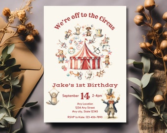 Circus Animals Birthday Invite | Editable Canva Template | Carnival Bday Invitation | DIY Circus Party Invite | INSTANT DOWNLOAD