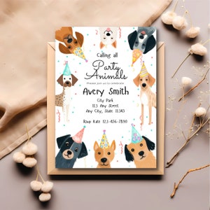 Editable dog birthday invitation Canva template with cute puppy party hats and printable pawty design