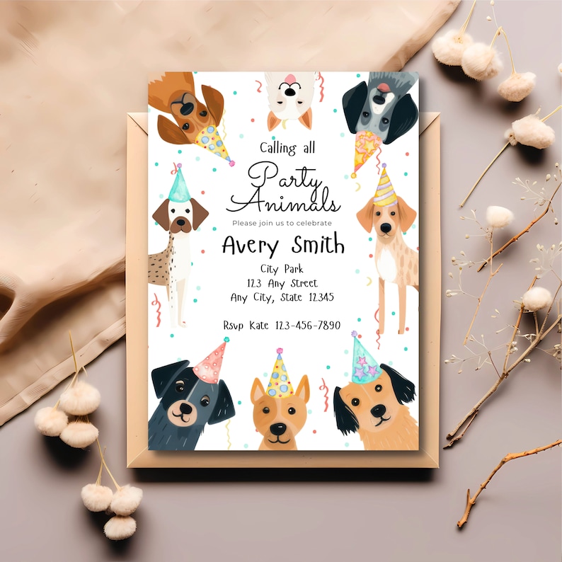 Editable dog birthday invitation Canva template with cute puppy party hats and printable pawty design