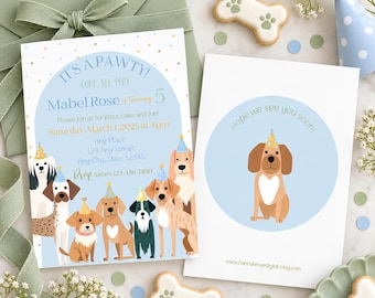 May include: A birthday invitation and matching card featuring illustrations of dogs wearing party hats. The invitation text reads IT'S A PAWTY! Mabel Rose is turning 5, with event details. The card features a dog and the text Hope we see you soon!
