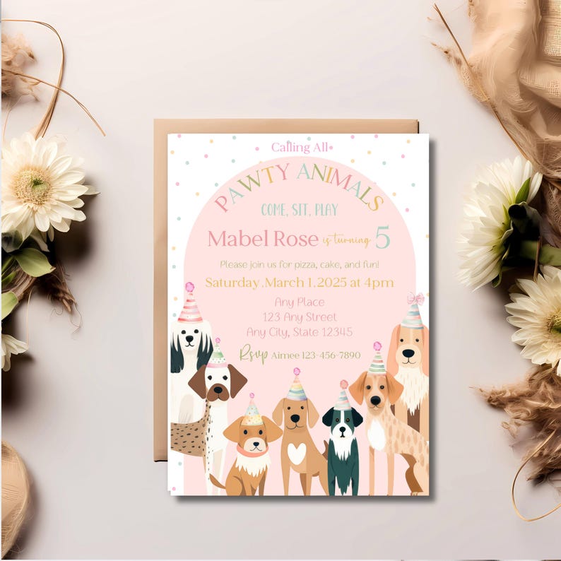 May include: A pink and white birthday party invitation with a paw print design and the text "Pawty Animals Come, Sit, Play" and "Mabel Rose is turning 5". The invitation features a group of cartoon dogs wearing party hats.